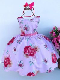 Vestido Juvenil Miss Cherry Rosa Florido com Cinto de Perolas