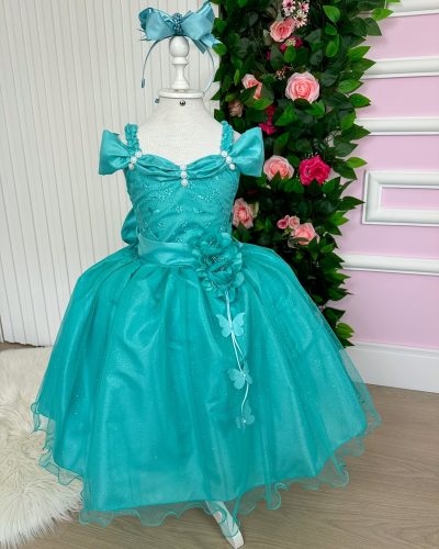 Vestido Marie Longo Manga Princesa Verde Tiffany