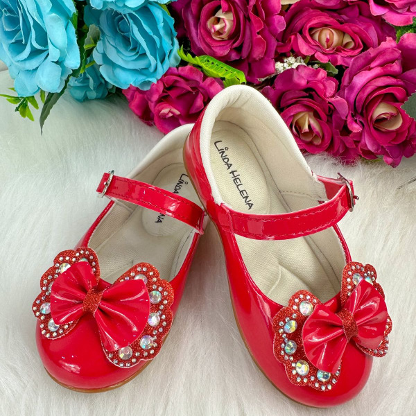 Sapatilha Flor Di MIla Baby Vermelho Lacinho Strass