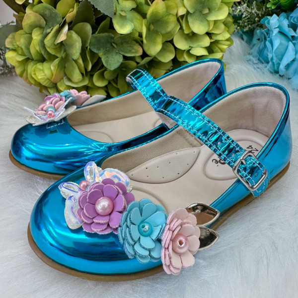 Sapatilha Doce Pe Juju Jardim Encantado Azul Metaliazada