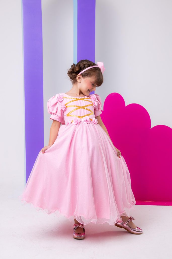 Vestido Bella Child/Fantasia Longa Princesa Rosa Bebe