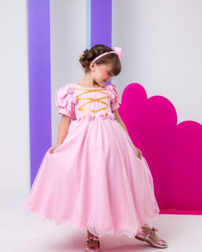 Vestido Bella Child/Fantasia Longa Princesa Rosa Bebe