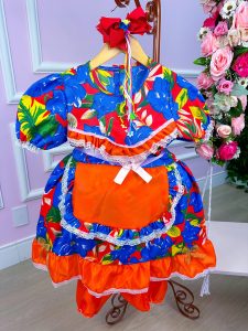 Vestido Junino Zaza Azul e Avental Laranja