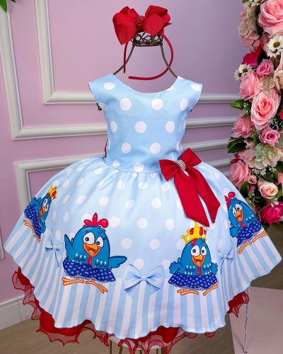 Vestido Tematicos Luxo Galinha Pintadinha Azul e Vermelho