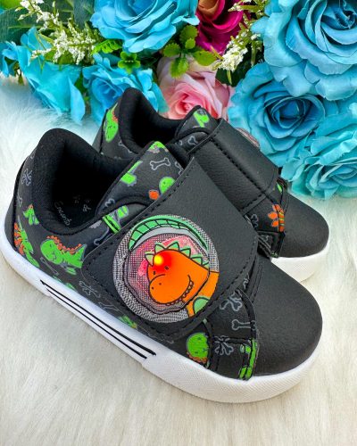 Tênis Encanto de Criança Dinossauro/Dino com Led Preto