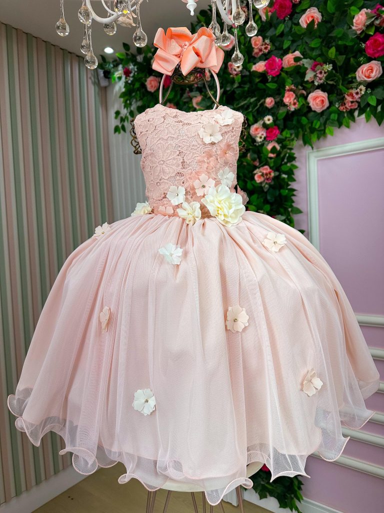 Vestido Juvenil Vila Lele Regata Flores Pessego