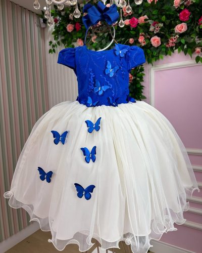 Vestido Juvenil - Midi Vila Lele Sabrina Azul Royal e Off