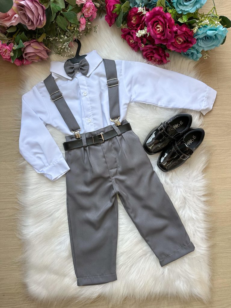 Conjunto Meninos Miss Cherry Leo Suspensorio Cinza Grafite