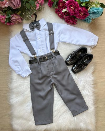 Conjunto Meninos Miss Cherry Leo Suspensorio Cinza Grafite