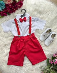 Conjunto Miss Cherry Henry Camisa Branca Suspensório Vermelho Modelo 2