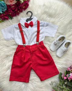 Conjunto Miss Cherry Henry Camisa Branca Suspensório Vermelho Modelo 2