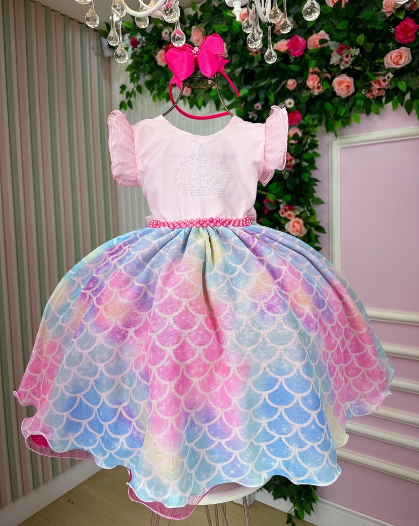Vestido Ysa Kids Tematico Sereia – Fundo do Mar Rosa