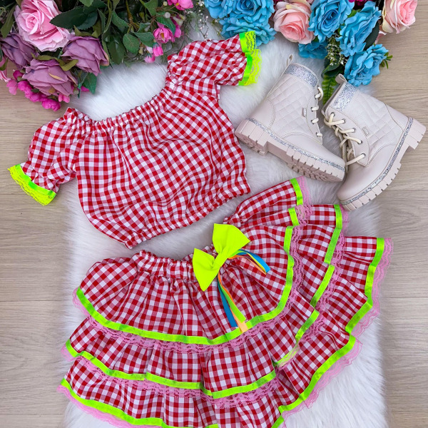 Conjunto Junino Banana Club Luxo Sofia Xadrez Vermelho