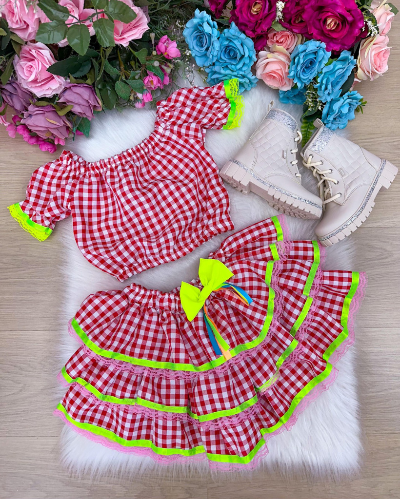 Conjunto Junino Banana Club Luxo Sofia Xadrez Vermelho