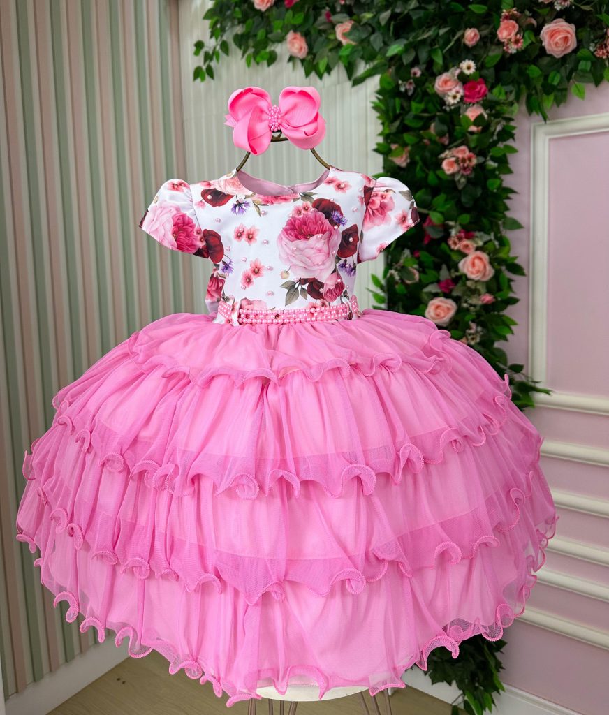 Vestido Menina Bonita Gisele Peito Florido Rosa Chiclete