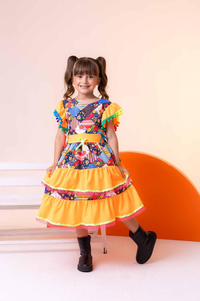 Vestido Banana Club Junino Luxo Arraiá da Graça Laranja