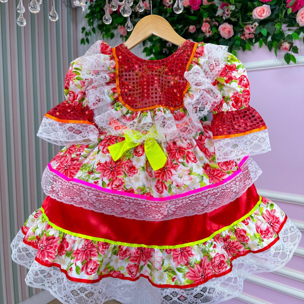 Vestido Junino Bell Luxo Arraia do Brilho Vermelho