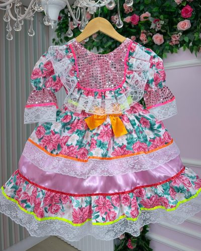 Vestido Junino Bell Luxo Arraia do Brilho Rosa Bebe