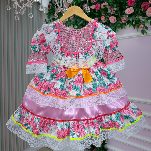 Vestido Junino Bell Luxo Arraia do Brilho Rosa Bebe