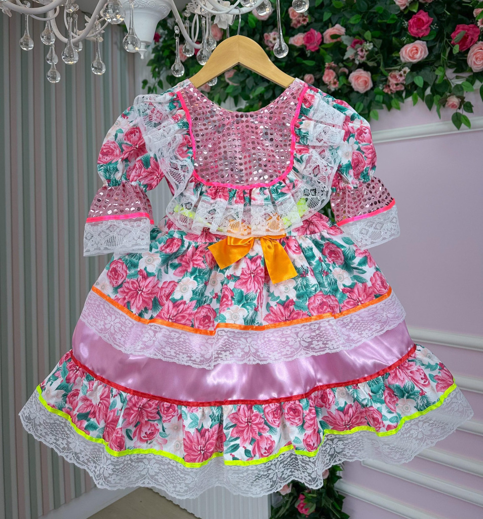 Vestido Junino Bell Luxo Arraia do Brilho Rosa Bebe
