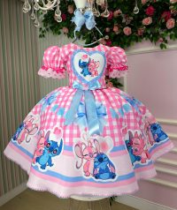 Vestido Junino Tematico Luxo Lilo Stitch Rosa Bebe