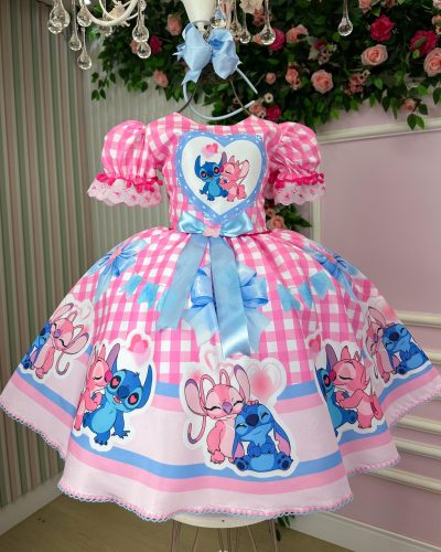 Vestido Junino Tematico Luxo Lilo Stitch Rosa Bebe