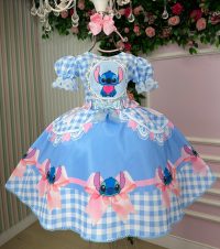 Vestido Junino Tematico Luxo Lilo Stitch Azul Bebe