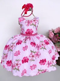 Vestido Juvenil Miss Cherry Florido Rosa Com Pink