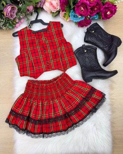 Conjunto Junino Miss Cherry Melissa Xadrez Vermelho