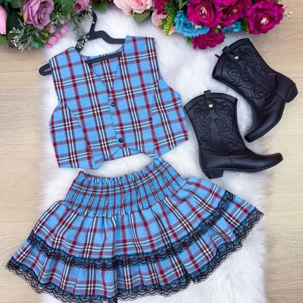 Conjunto Junino Miss Cherry Melissa Xadrez Azul Bebe