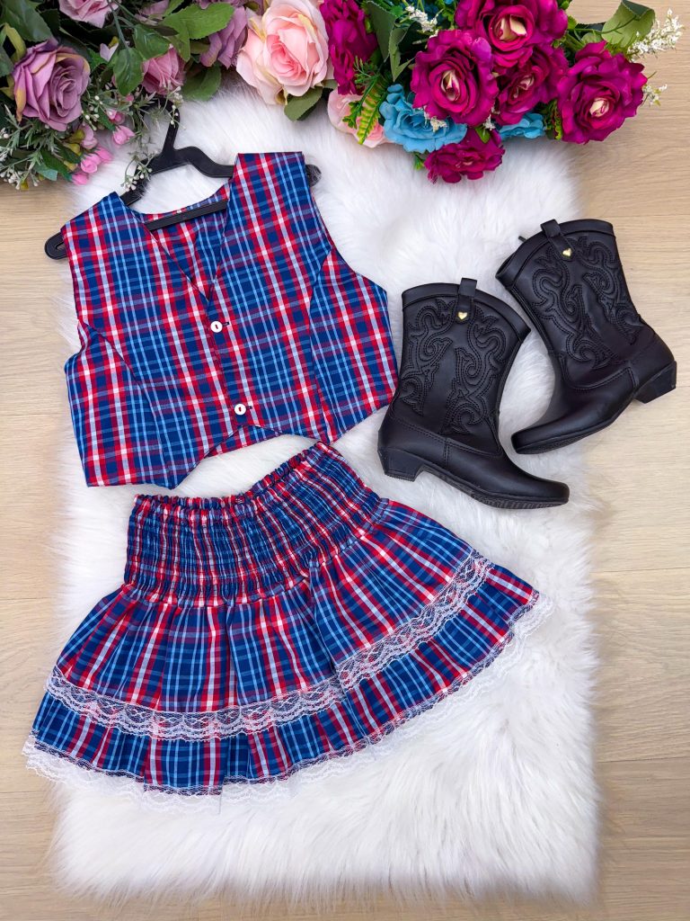 Conjunto Junino Miss Cherry Melissa Xadrez Azul Marinho