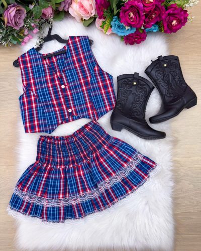Conjunto Junino Miss Cherry Melissa Xadrez Azul Marinho