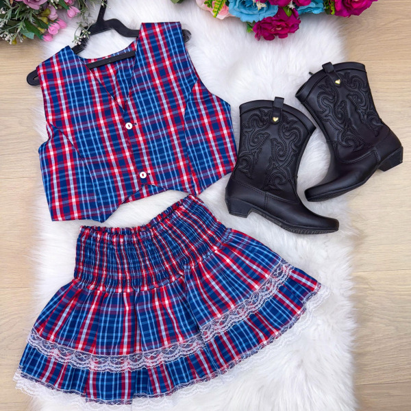 Conjunto Junino Miss Cherry Melissa Xadrez Azul Marinho