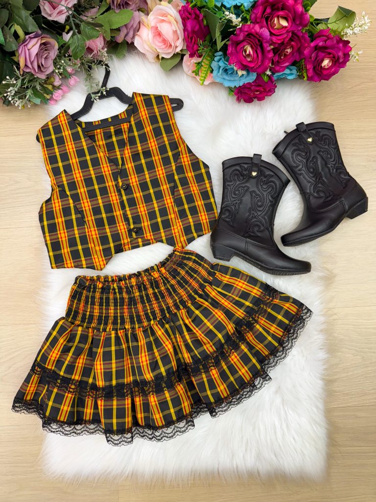 Conjunto Junino Miss Cherry Melissa Xadrez Amarelo