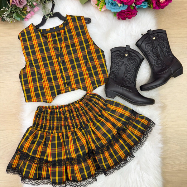 Conjunto Junino Miss Cherry Melissa Xadrez Amarelo