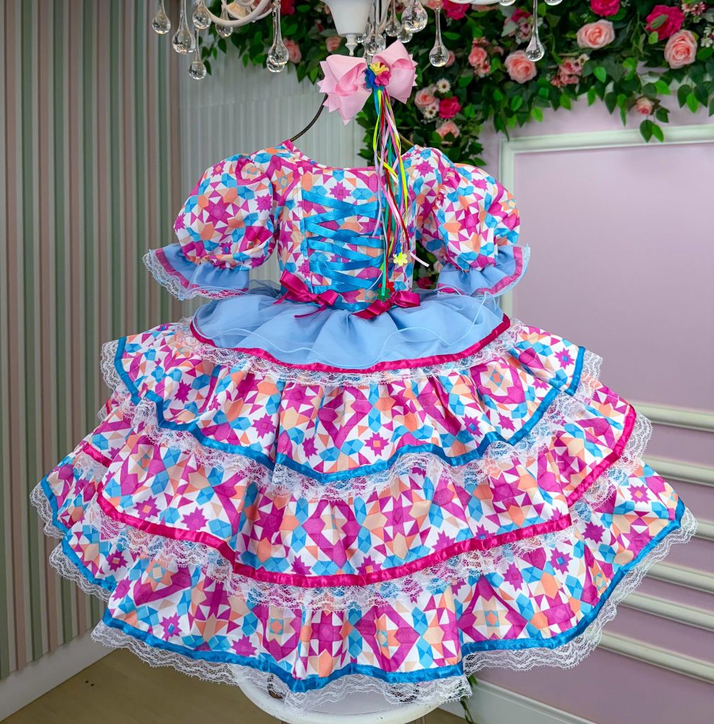 Vestido Bella Child Junino Quermesse da Capelinha Rosa e Azulw