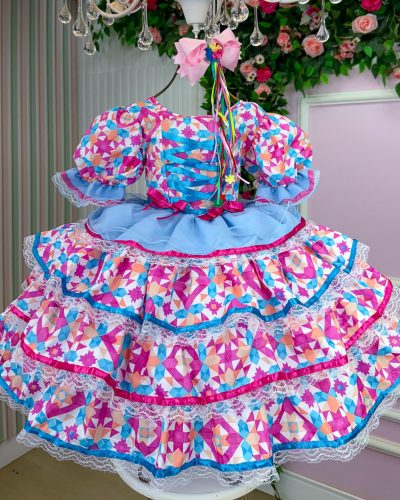Vestido Bella Child Junino Quermesse da Capelinha Rosa e Azulw