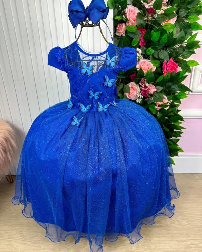 Vestido Vila Lele Longo Jardim Encantado Borboletas Azul Royal
