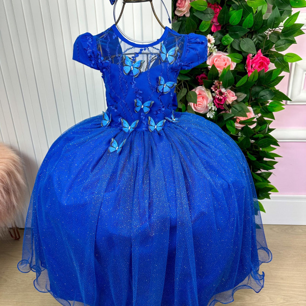 Vestido Vila Lele Longo Jardim Encantado Borboletas Azul Royal
