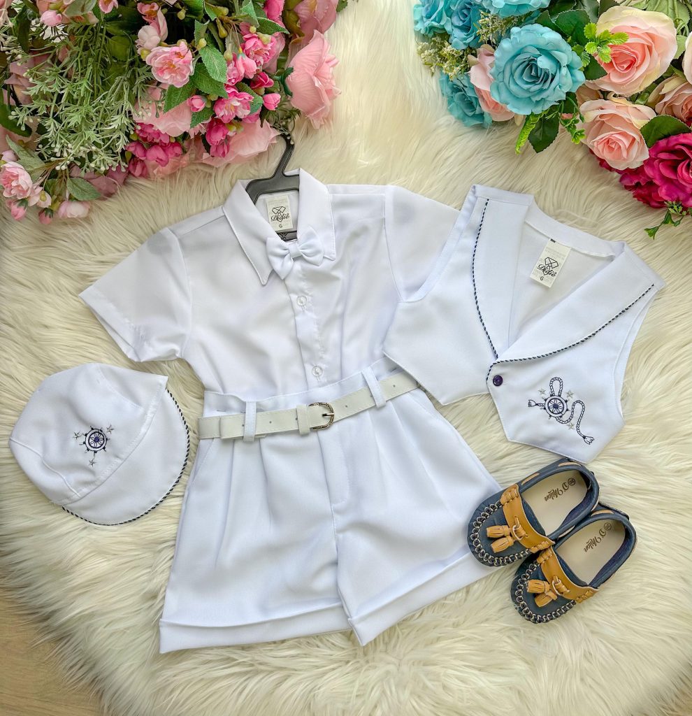 Conjunto Meninos Didie Social Bebe Colete Branco/Azul Royal com Boina – Bone