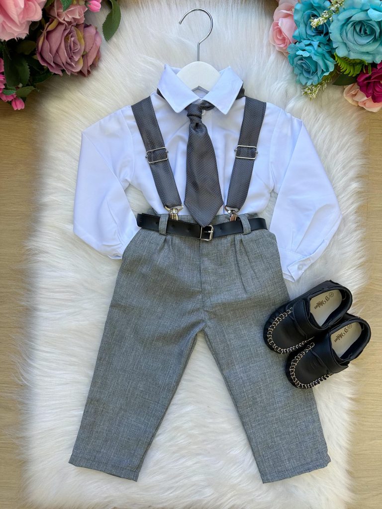 Conjunto Meninos Miss Cherry Rafael Suspensorio Cinza