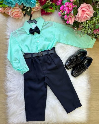 Conjunto Masculino Miss Cherry Social Verde Linho Com Calça Preta Henrique