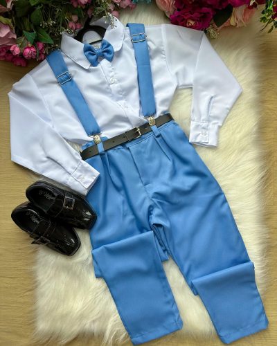 Conjunto Meninos Miss Cherry Leo Suspensorio Azul Celeste