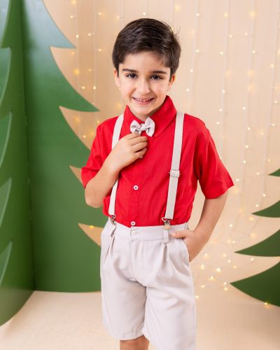 Conjunto Miss Cherry Henry Vermelho Suspensorio Bege