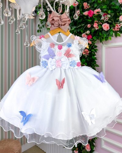 Vestido Marie Branco Jardim Encantado Laço Borboletas Coloridas