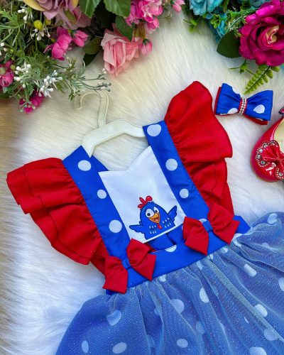 Romper/Vestido Princesa Belli Galinha Pintadinha Azul e Vermelho