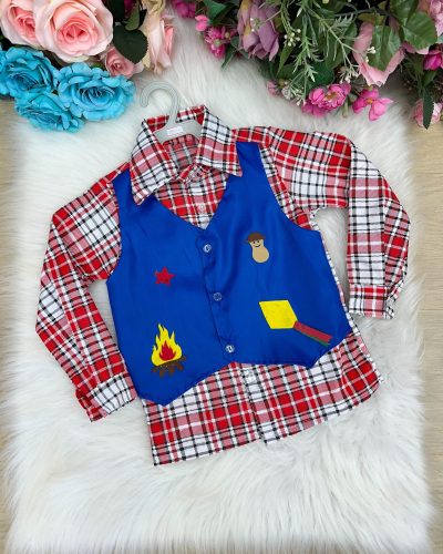 Camisa Junina Xadrez São Pedro Colete Azul