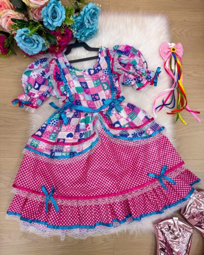 Vestido Bella Child Junino Celebração Caipira Pink