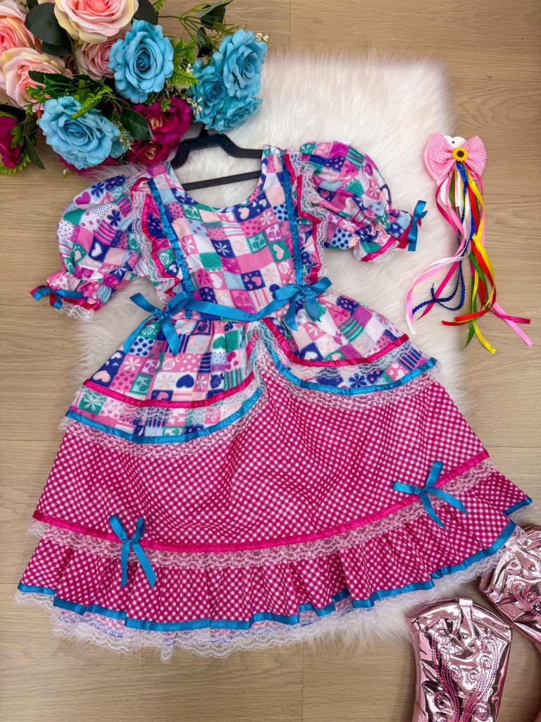 Vestido Bella Child Junino Celebração Caipira Pink