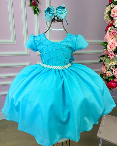 Vestido Ysa Kids Azul Tiffany Peito Perolas